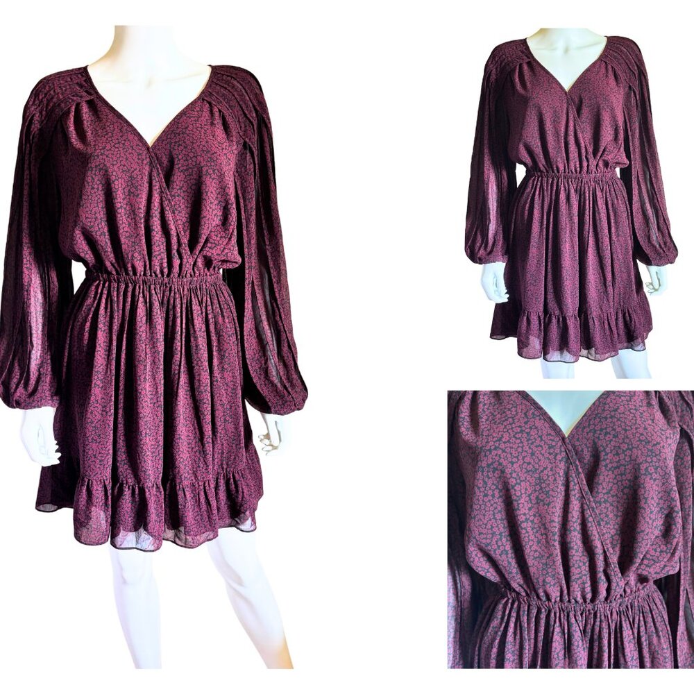 Madewell N1690 Wine Micro-Floral Long Sleeve Ruffle Mini Dress | Size L | NWT